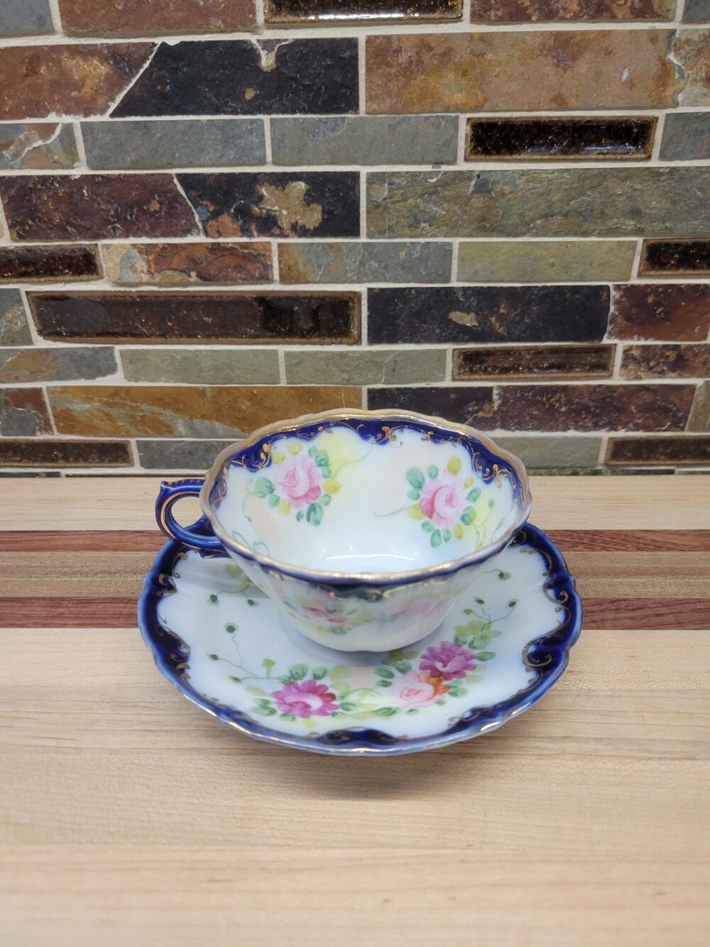 Vintage Cobalt Blue Porcelain Teacup, Saucer Hand Painted Pink Roses Gold Gilt